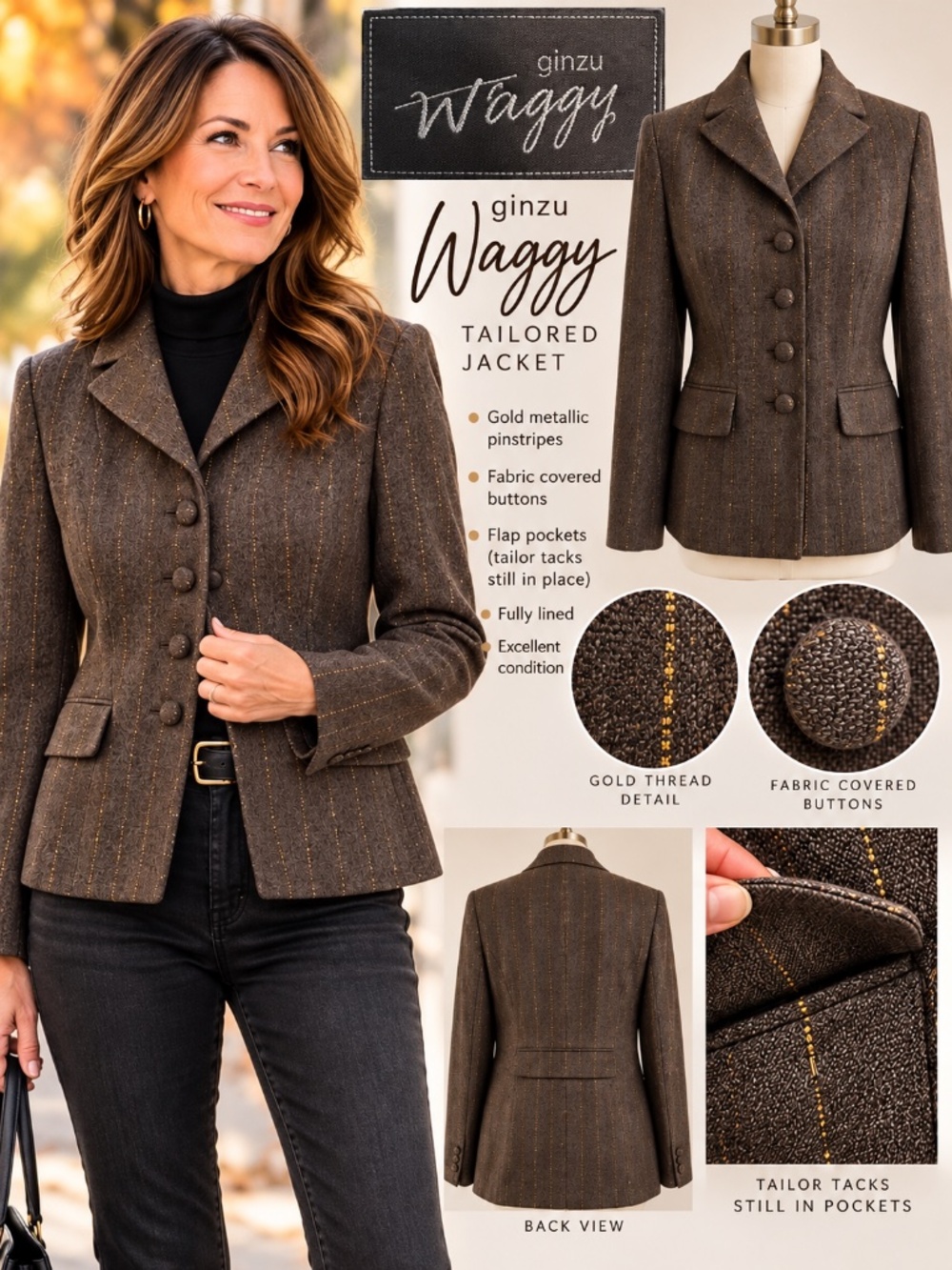 Ginzu Waggy Brown Gold Metallic Pinstripe Tailored Blazer Jacket Small